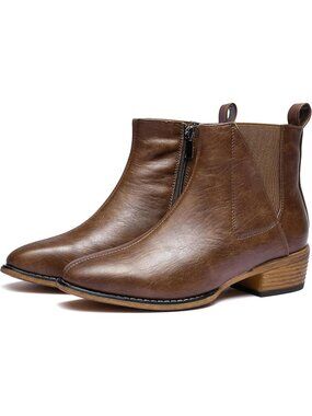Women's Brown Ankle Boots Mid-height Heels Chelsea Zipper Dressy Booties